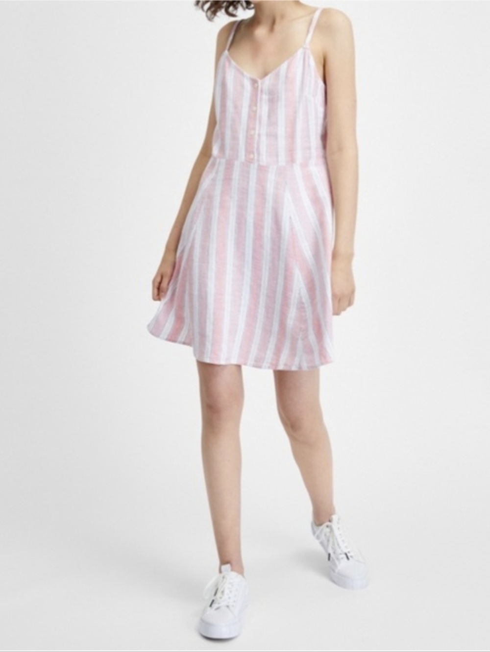 GAP Sleeveless V-Neck Button Front Linen Blend Pink & White Stripe Mini Dress- M - Picture 12 of 13